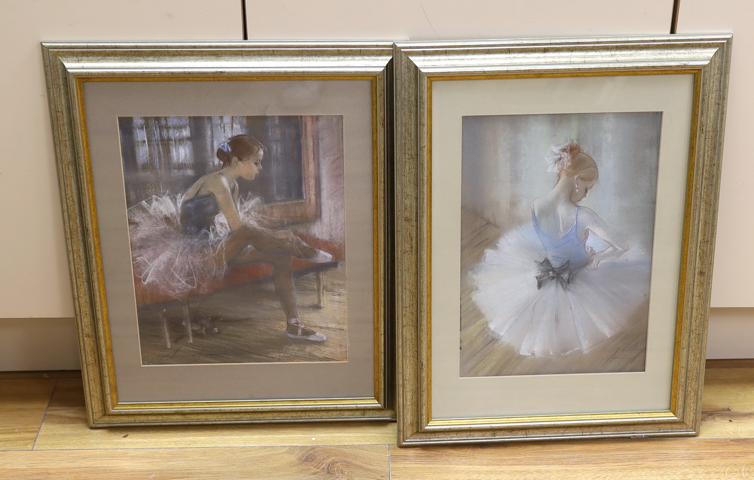 Russian School, pair of pastels, Ballerinas, each indistinctly signed, 34 x 24cm